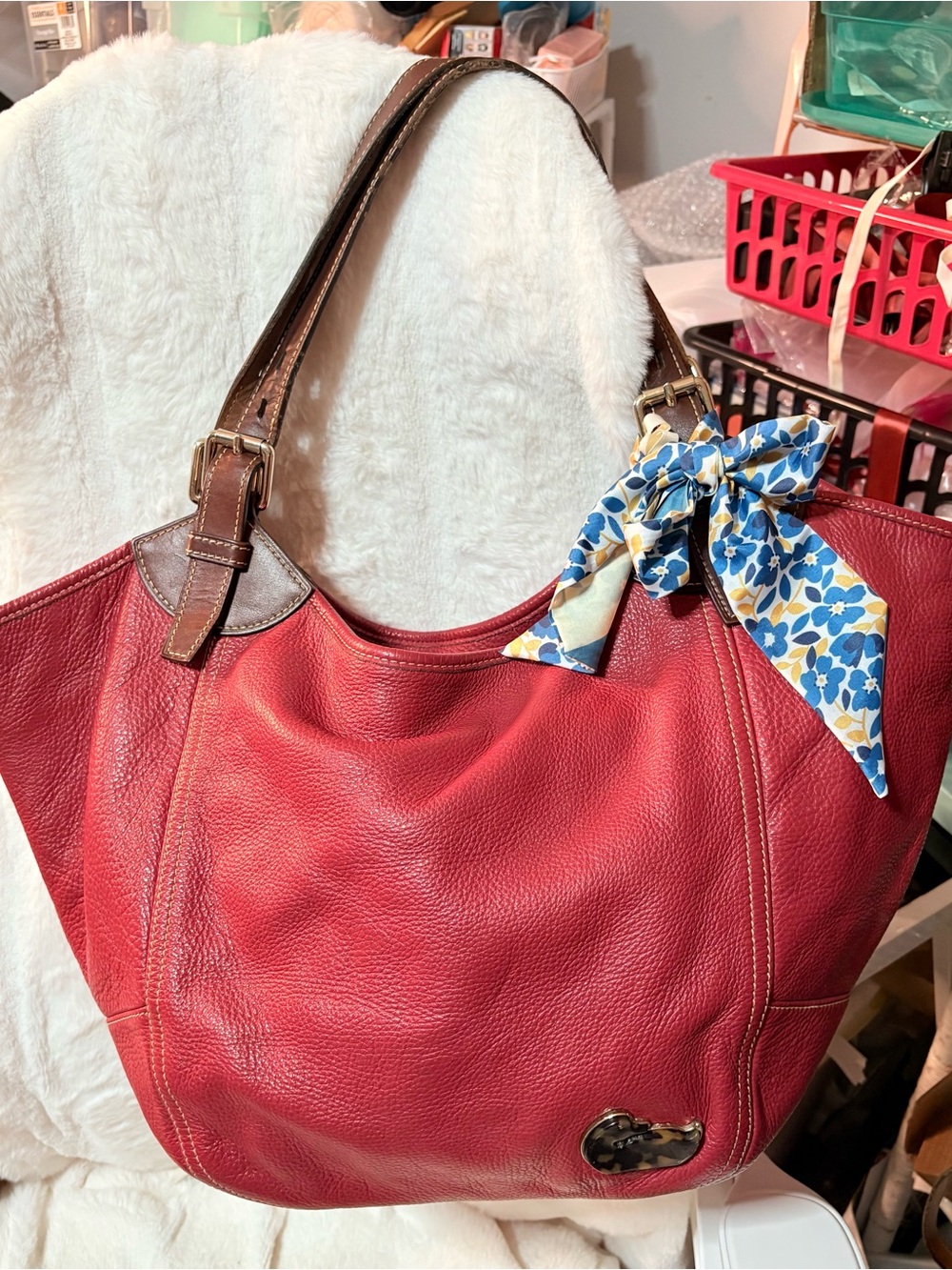 Dooney & Bourke Red Leather Tote with Brown Handles and Blue Scarf Accent